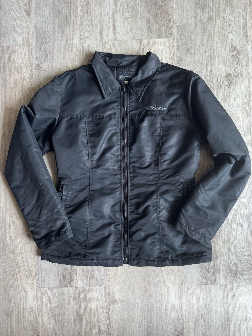 Vintage Indian Motorcycle Black Nylon Zip Up Jacket Classic Collar & Patch Logo